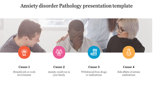 Slide on anxiety disorder causes with four sections and icons with text descriptions and an image.