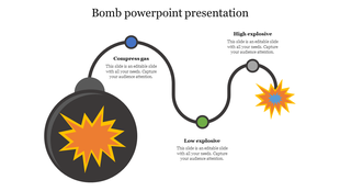 Bomb PPT slide illustrating components compress gas, high explosive, and low explosive with visuals.
