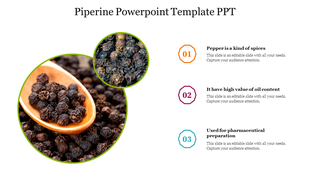 Piperine-themed slide displaying black peppercorns in circular frames on the left, with three descriptions on the right.