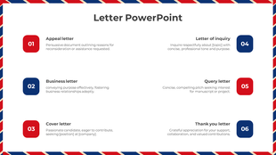 Grid layout with six text areas, numbered 01 to 06, surrounded by a red, white, and blue border around the edges.