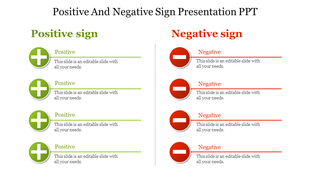 Slide comparing four positive and negative signs with the green plus symbol and red minus symbol with placeholder text.