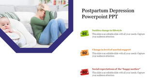 Postpartum depression awareness slide with a distressed mother and baby photo, and a structured text area.