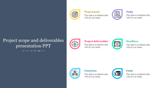 Six colorful icons with text on the right, and title on a split slide of white and dark blue background.