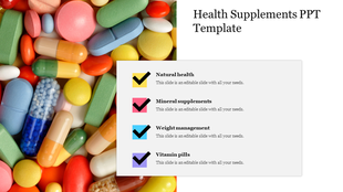 Health supplement slide with images of assorted pills and categories for natural health, minerals, weight, and vitamins.