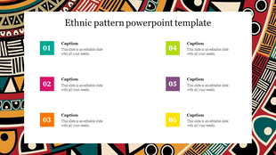Ethnic pattern template colorful background with six numbered sections, each containing placeholder text.