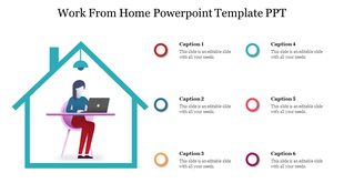 Work from home slide featuring a person at a desk with six caption placeholders text.