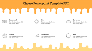 Two rows of cheese icons with labels, between a dripping of orange and yellow design, on a white background.