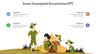 Slide featuring children in scout uniforms around a tent, with placeholders for captions.