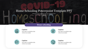 COVID 19 home schooling PowerPoint template with chalkboard background and captions for content.