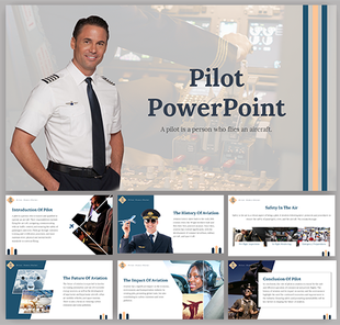 Slide deck featuring images of pilots in uniform, aviation history and safety, designed in blue and beige tones.