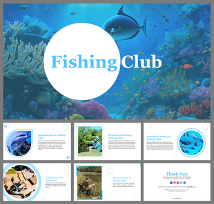 Slide deck on club benefits, gear, and the social side of fishing with a vibrant underwater background.