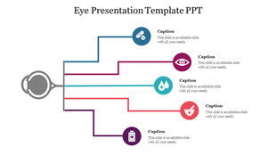 Slide featuring a gray eye diagram connected by colorful lines to five circular icons with captions on the right.