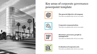 Modern corporate template with a grayscale building background and four labeled sections detailing governance aspects.