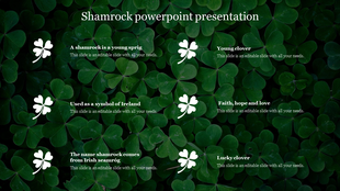 Shamrock slide with information about the clover symbol and its meanings, including faith, hope, love, and luck.