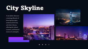 City Skyline PowerPoint showcasing vibrant urban nightscapes, skyscrapers, and text holders on a dark modern background.