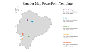 Gray map of Ecuador marked with colored dots representing cities, labeled with corresponding text on the right.