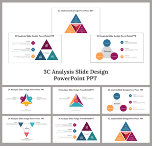 3C analysis slides with various triangle shaped layouts in vibrant colors representing company, customers, and competitors.