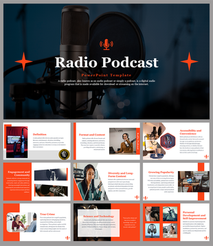 Radio podcast-themed deck with a main slide showing a microphone and title, and several detailed slides below.