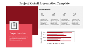 Project kickoff slide with a red review section, four icons, and a bar chart showing yearly project progress.