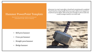 Slide with an orange block for the title and text below, and an image of a hammer on the right set against a white backdrop.