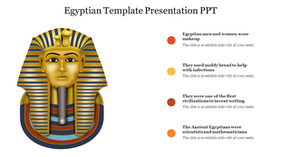 Egyptian pharaoh's mask graphic with four colorful bullet points highlighting facts about it.