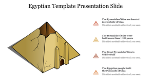 Illustration of the pyramids of Giza with four informational captions in triangular callouts on the right.