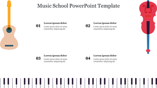 Music-themed slide with a guitar, a violin, and a piano keyboard graphic at the bottom, with four numbered text section.