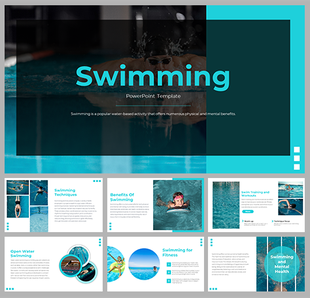 PowerPoint template on swimming, featuring various slides about techniques, benefits, fitness, and mental health.