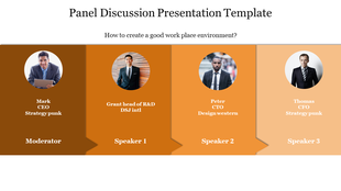 Panel discussion slide with a layout that showcases the moderator and speakers, with their photos, names, and job titles.