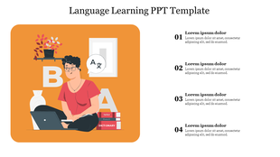 Illustration of a person studying on a laptop with various icons in an orange square, and numbered text list on the right