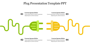 Illustration of green and yellow plugs with wavy cords, joined in the center, with four text sections around it.