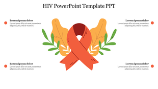 HIV slide featuring a large red awareness ribbon in the center, with text placeholders for information.
