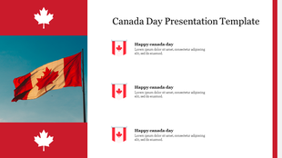 Canada Day slide with a waving Canadian flag on the left, red maple leaf icons, and three text points on the right.