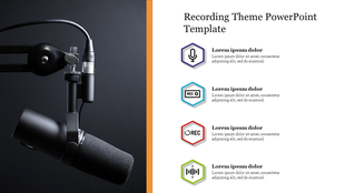 Black microphone with a boom arm on a dark background, alongside recording-themed icons and text placeholders.