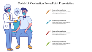 Slide featuring a healthcare worker vaccinating a seated person, with four colorful syringe icons and text on the right.