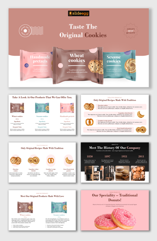 Slide deck showcasing traditional cookie products with packaging, recipes, history, and highlights of handmade goods.
