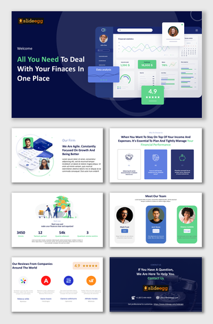 Slide deck with a modern finance dashboard, icons, and sections on team, reviews, and contact info on a blue background.