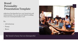 A brand personality slide with an example of how to describe a brand's traits, featuring a business team discussing ideas.