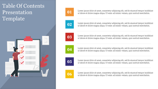 Illustrated table of contents template with six colorful steps and a left-side image of a woman checking boxes on a clipboard.