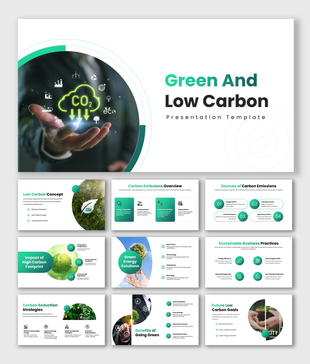 Green and low carbon slides with green theme, CO2 icon, eco visuals, charts, icons, shapes, and clean layouts for insights.