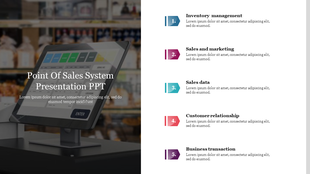 Point of sales system image on the left with five numbered text boxes on the right listing key business functions.