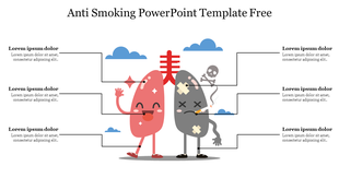 Visual showing pink healthy and gray damaged lung with indicators for smoking effects, set on a white backdrop.