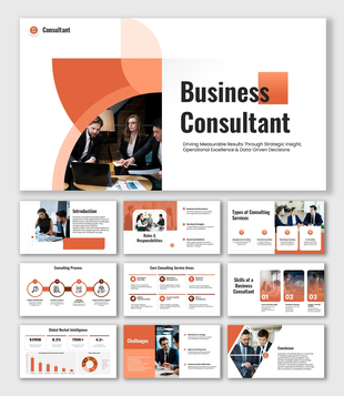 Business Consultant presentation with orange corporate theme, charts, business visuals, infographic shapes, text layouts.