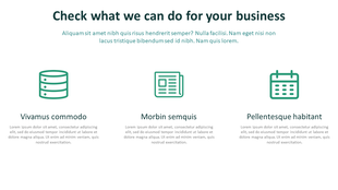 A slide with a bold header and three-column layout highlighting business offerings with green line icons.