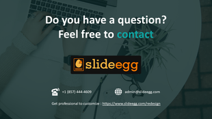Slide with a person typing on a laptop, and SlideEgg logo in the center with contact details, on a blurred green background.
