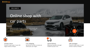 Slide design with scenic car image, welcome text, video button, and service features icons for shopping benefits.