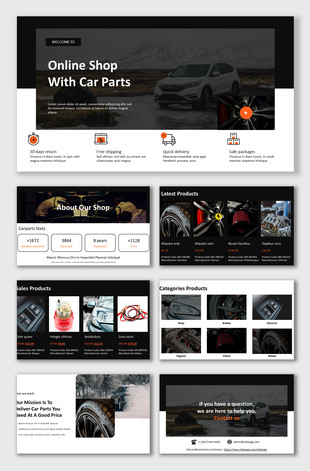 Online car parts shop slides showcasing products, categories, and services like quick delivery and free shipping.