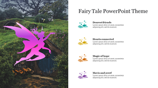 A pink fairy silhouette hovering over a green hillside house, paired with a text section featuring four colorful book icons.