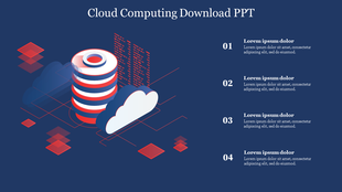 Infographic slide on cloud computing with abstract cloud storage imagery and four editable sections labeled 01 to 04.