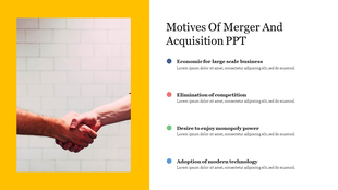 A slide showing a handshake on the left and motives of mergers and acquisitions on the right.